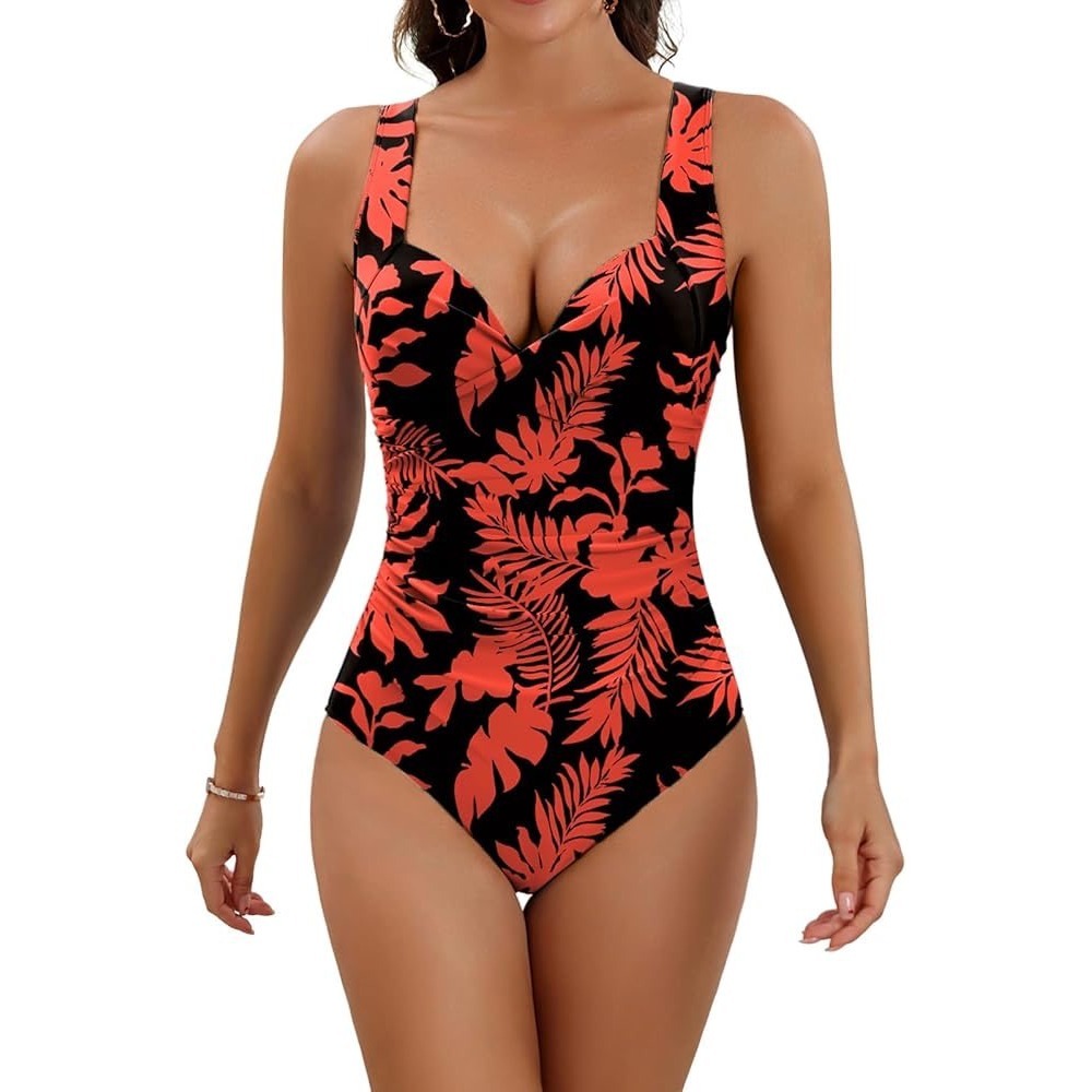Eomenie One Piece Swimsuit Women's XL Tropical Floral Red Black Slimming NWT